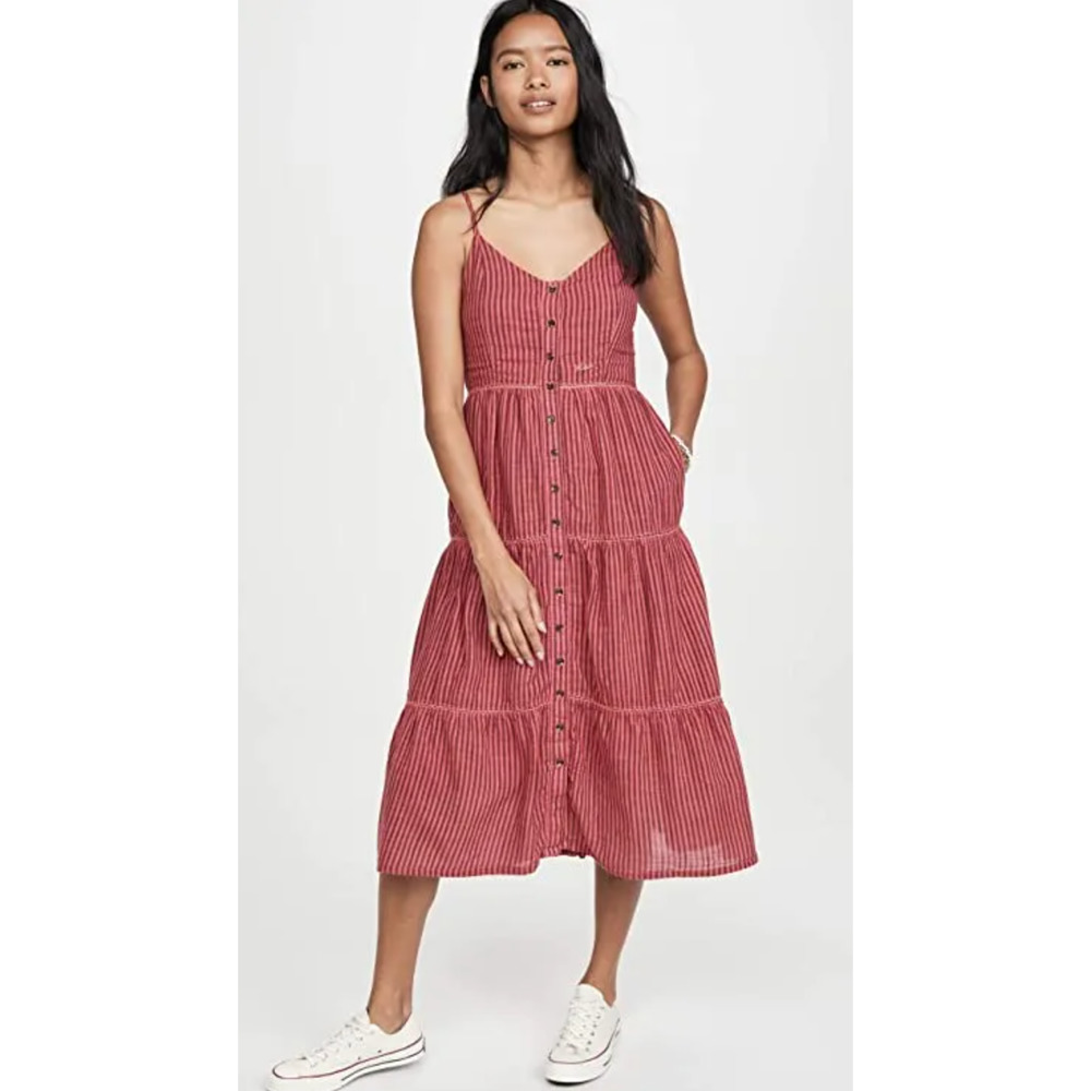 Sundry Red Striped Midi Button-Front Sundress